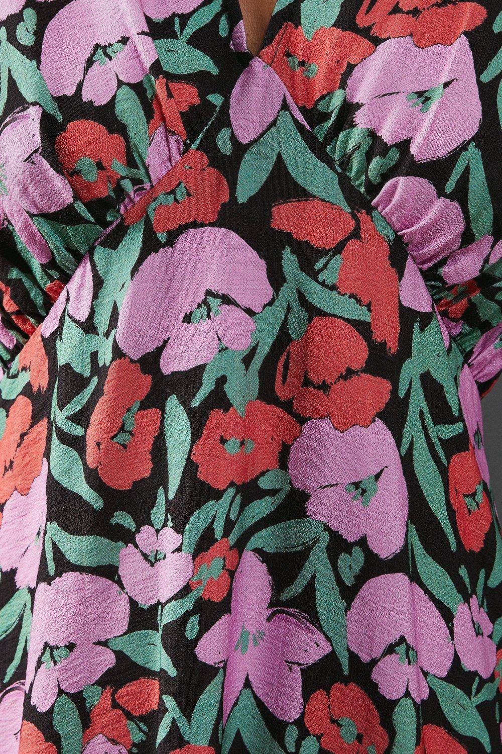 Warehouse Robe Midi Fleurie en Viscose à Col V et Manches Longues Bouffantes