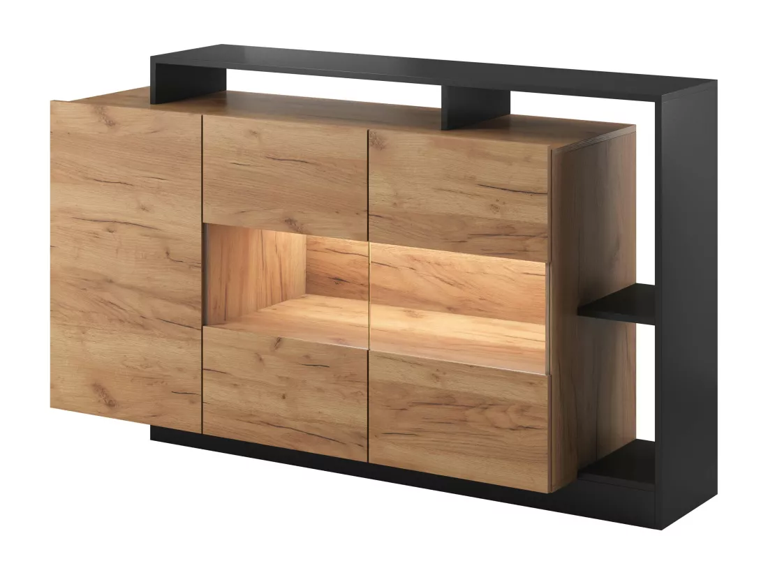 Buffet 3 portes et 3 niches avec LEDs - Coloris : Naturel et anthracite - IDESIA