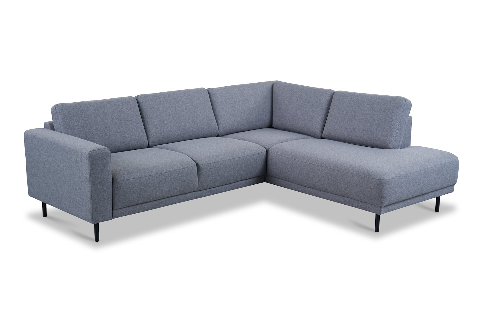 Portland hjørnesofa 2-seter med åpen ende høyre. Tekstil Herby 35 Grey med sorte ben