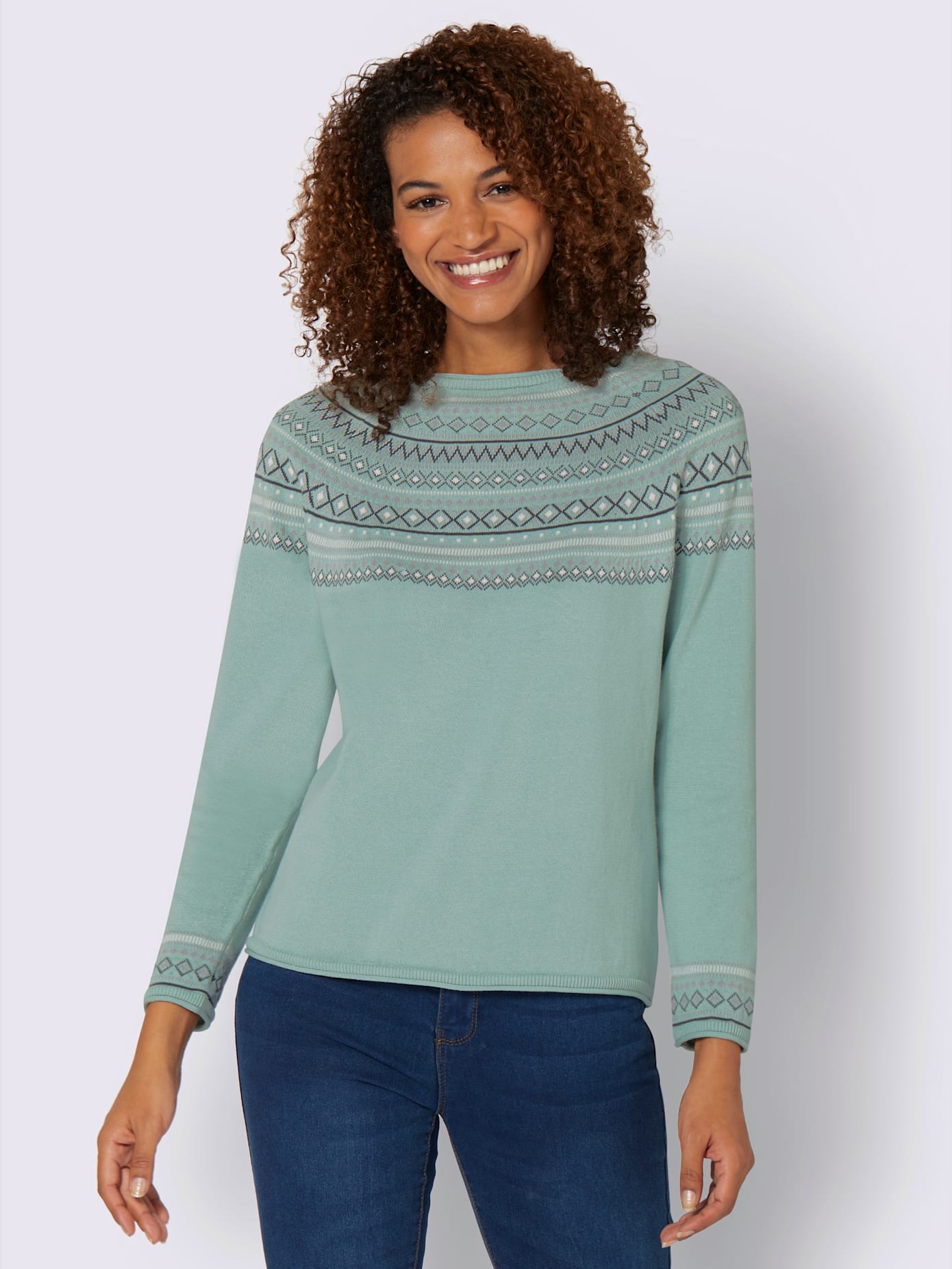 Pull au motif norvégien en jacquard col rond avec bordure ondulée