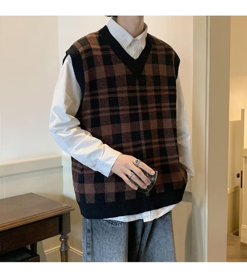 farrahces - V-hals geruite trui met vest
