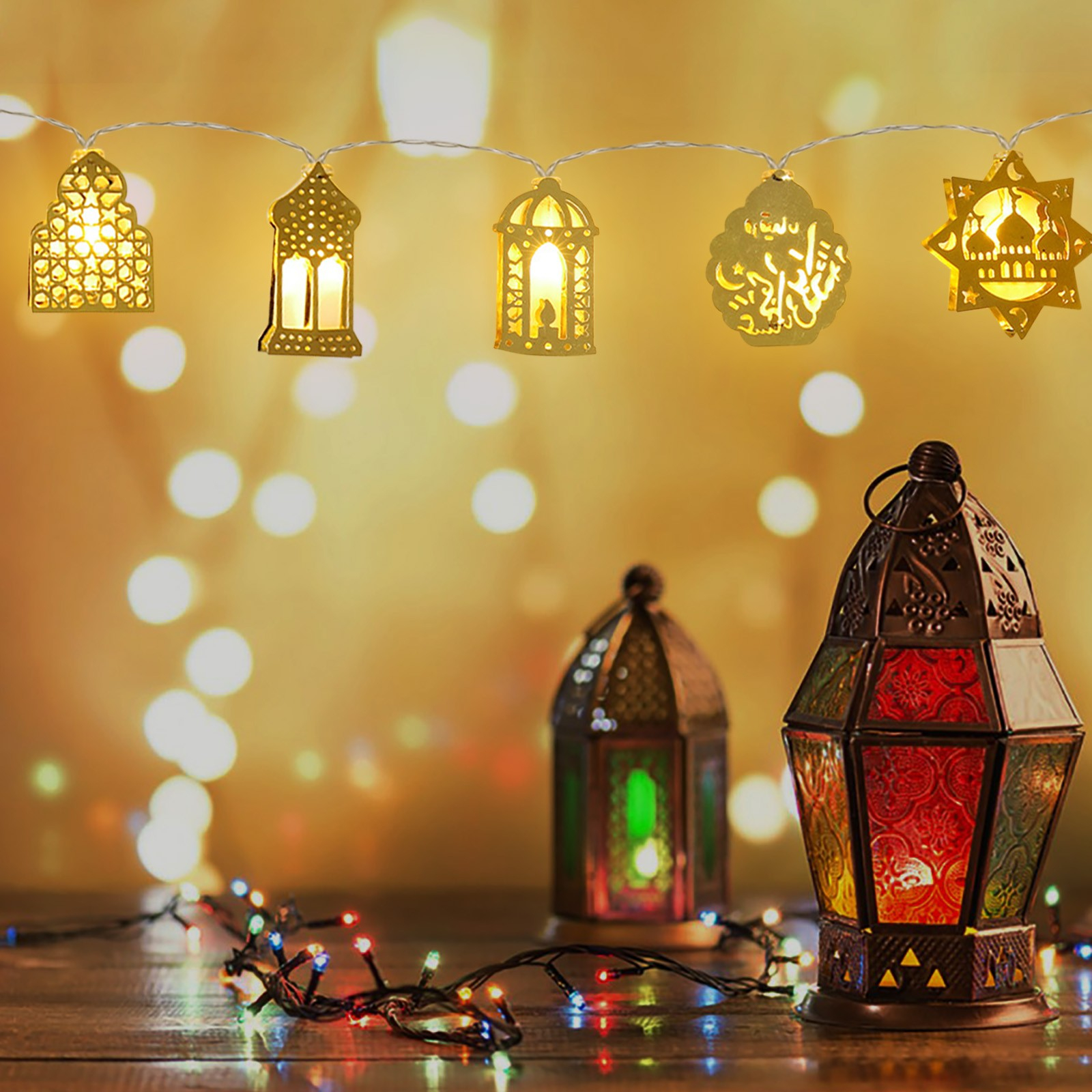 (3m) 20 LED's Ramadan Metall Deko Lichterkette Eid Mubarak Beleuchtung (Batteriebetrieben) - Warmweiss