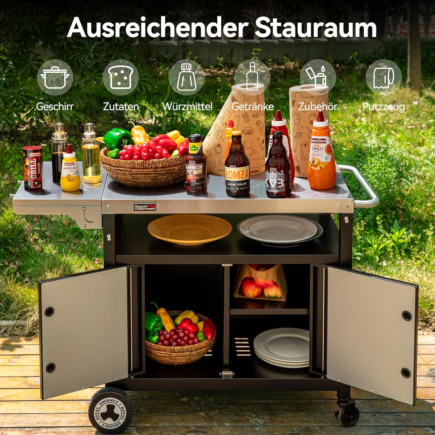 Royal Gourmet Grillwagen mit Klappbarem Seitentisch Grilltisch mit Handtuchgriff, Unterschrank, Grill Trolley mit Edelstahl Tischplatte, Servierwagen mit Rollen