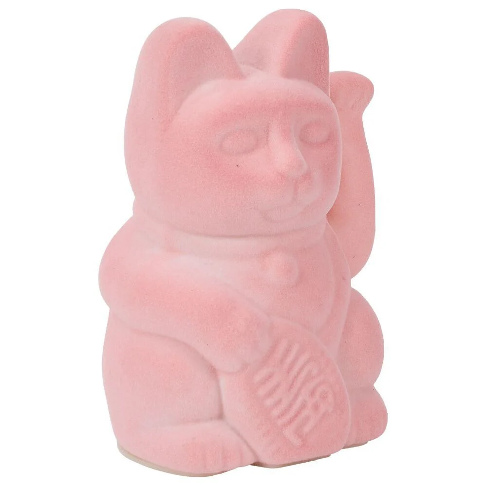 Chat porte-bonheur velours rose 11xH15x9cm