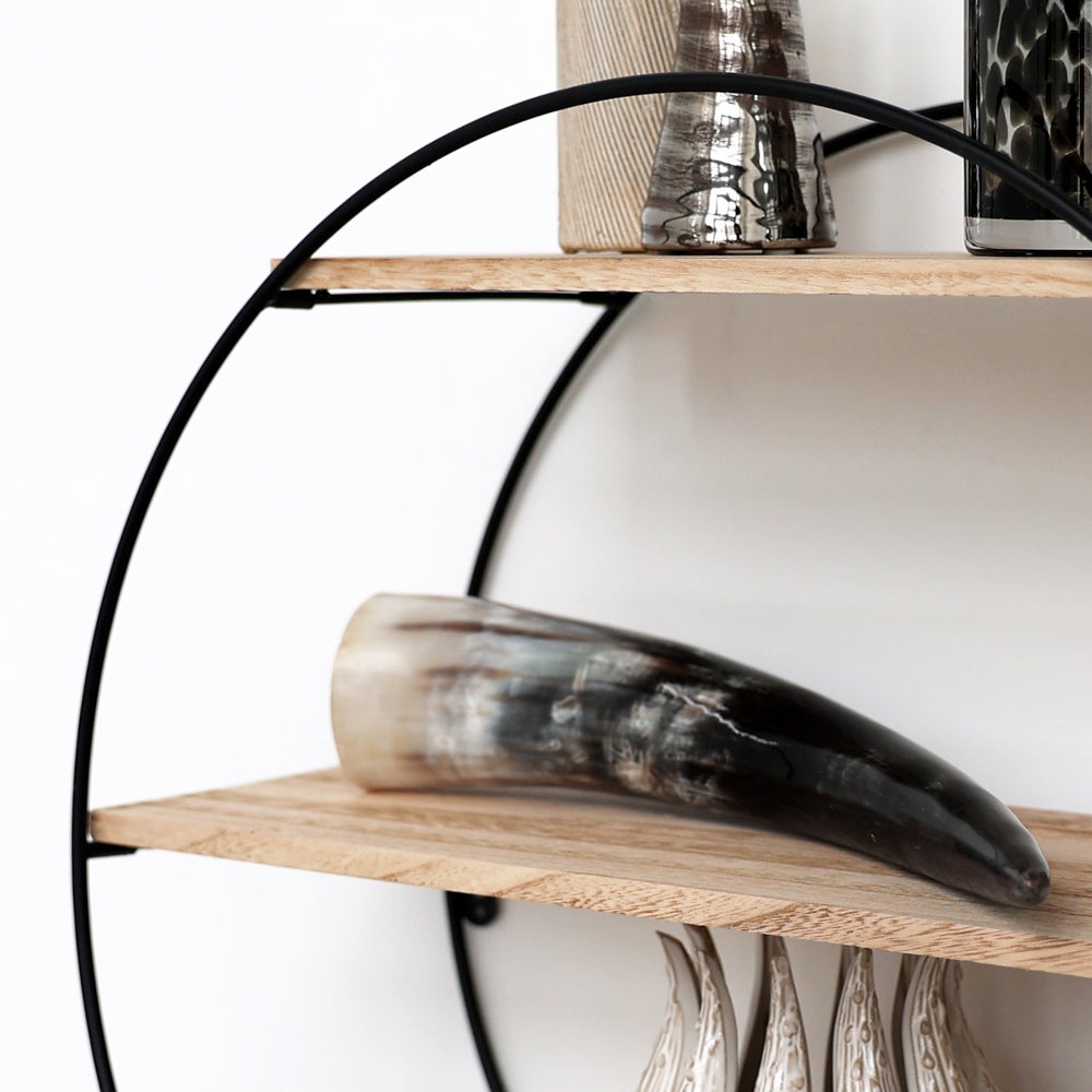 Zwarte metalen wandplank met 3 houten planken - Rond - 50x19 cm