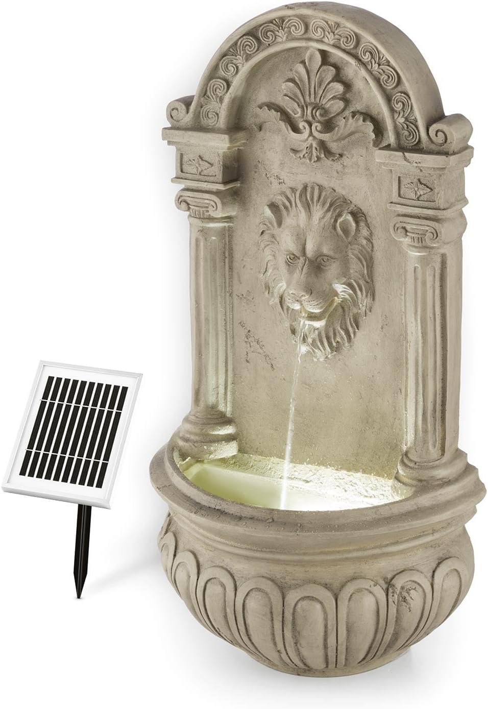 blumfeldt Löwenstein Gartenbrunnen mit LED-Beleuchtung - Löwenkopf Edition, Wandbrunnen antik, Zierbrunnen, Outdoor, Solarpanel, Akku: 2000 mAh, Dämmerungssensor, Naturstein-Optik, grau