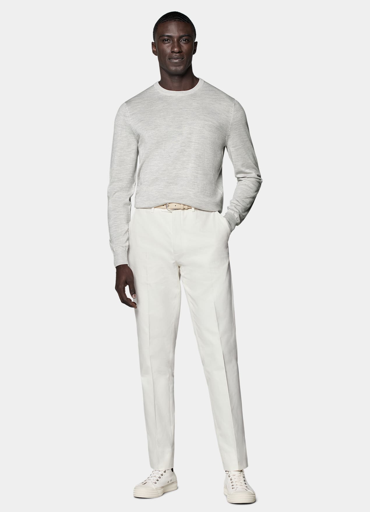 Pull col rond Merino gris clair