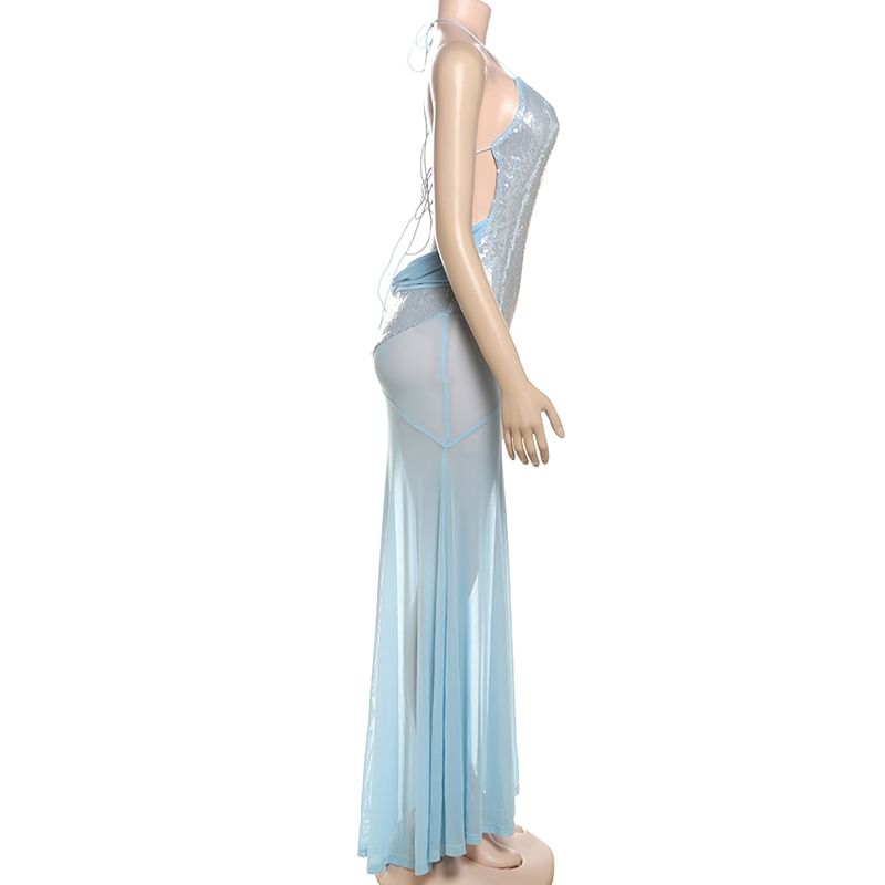 Weaveal - Halter Sequin Panel Mesh Maxi Sheath Dress