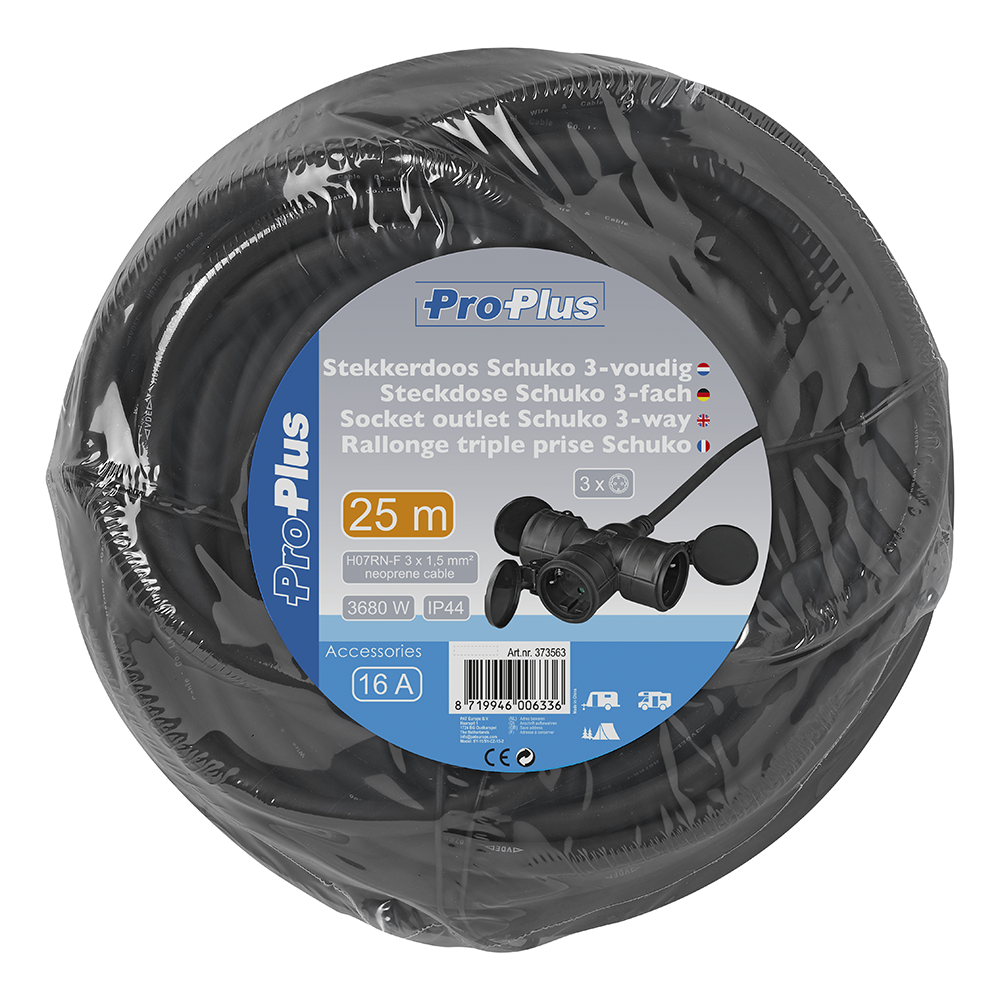 ProPlus Schuko 3-voudig stekkerdoos - 25 meter