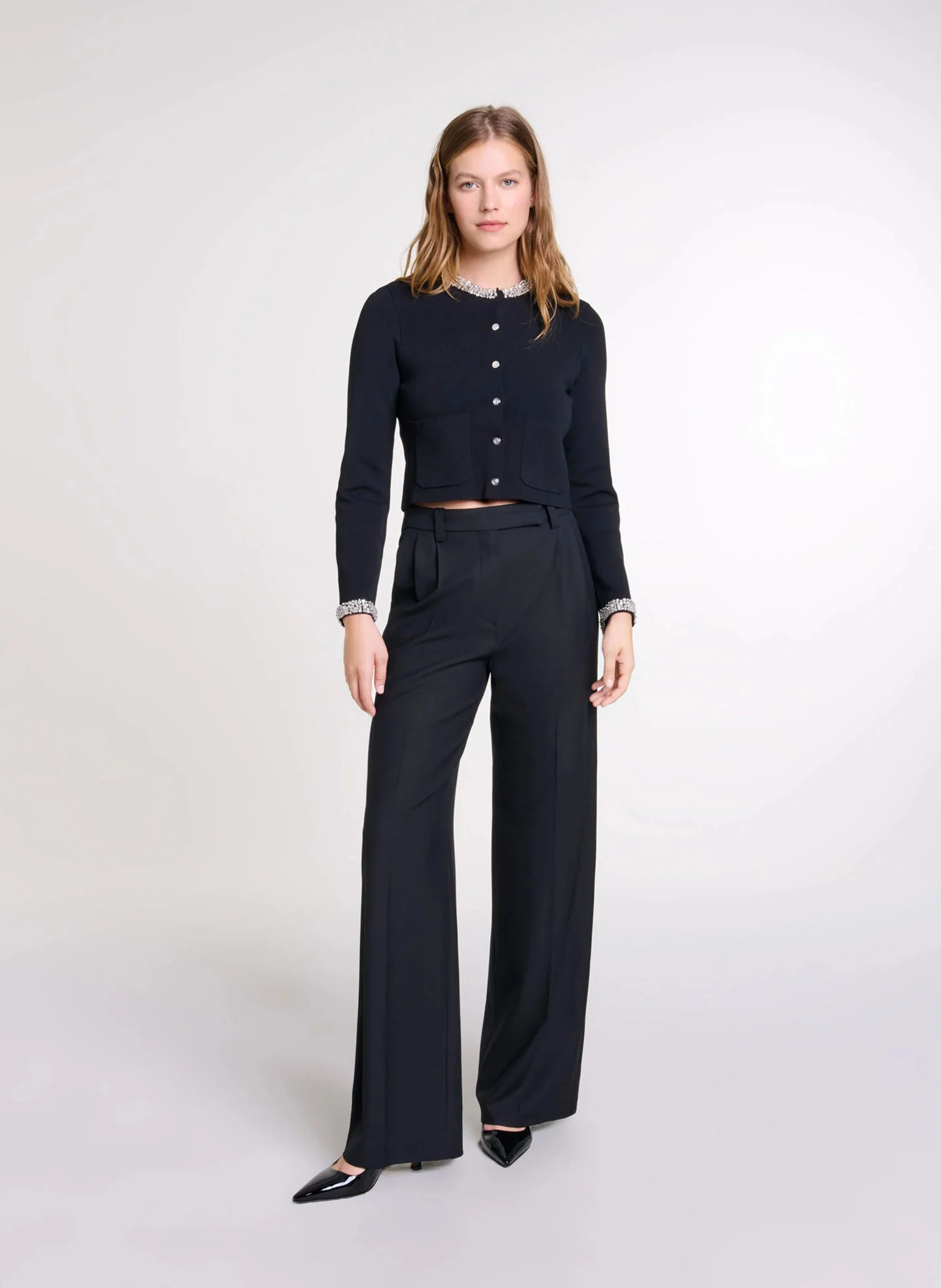 Cardigan droit à strass | Noir
