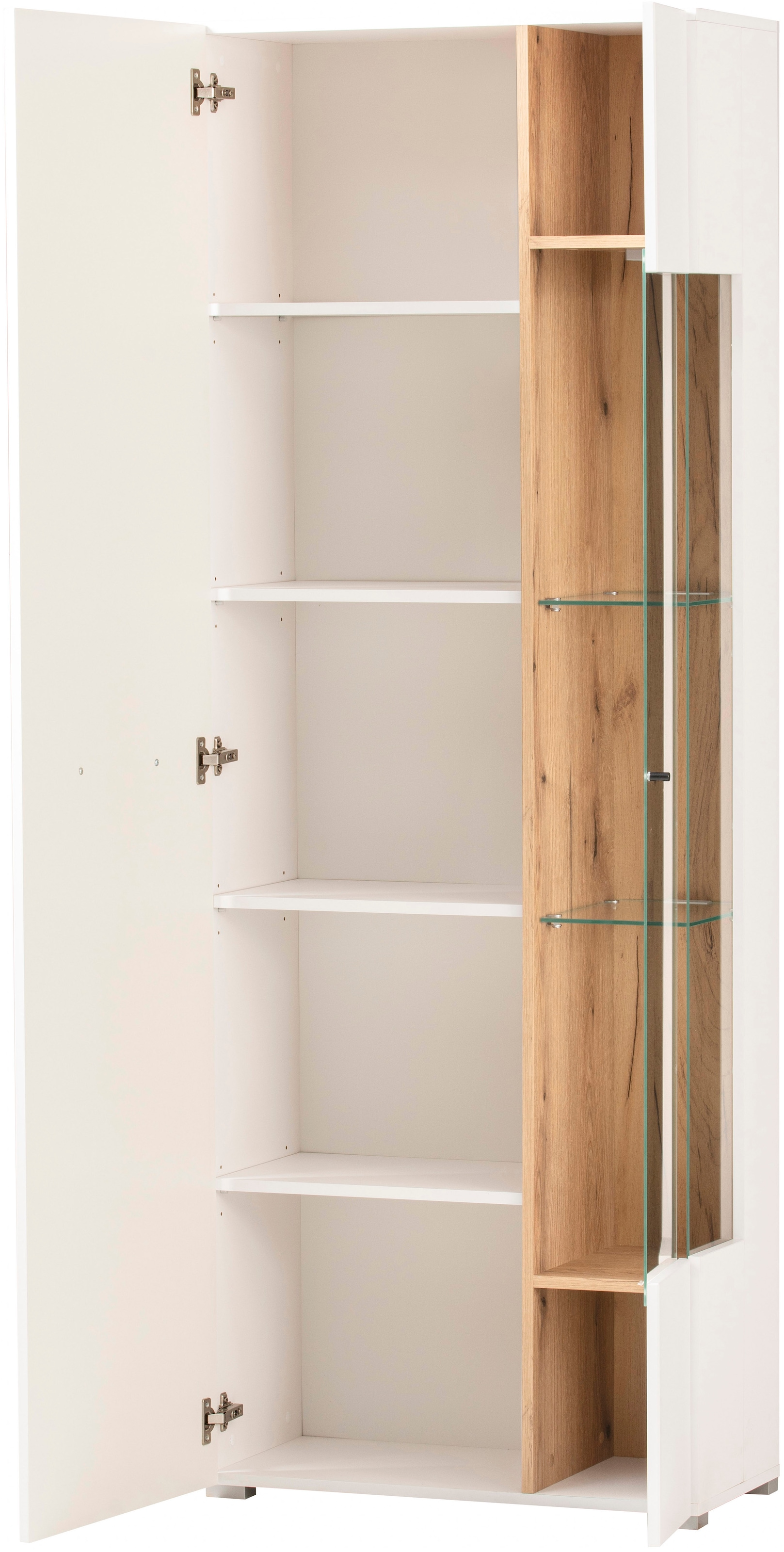 INOSIGN Vitrine »Salerno Hochschrank, Glasvitrine, Weiss mit Eiche Evoke Dekor, modern.« Metallgriffe, ausreichend Stauraum, vielseitig einsetzbar, 72 cm breit