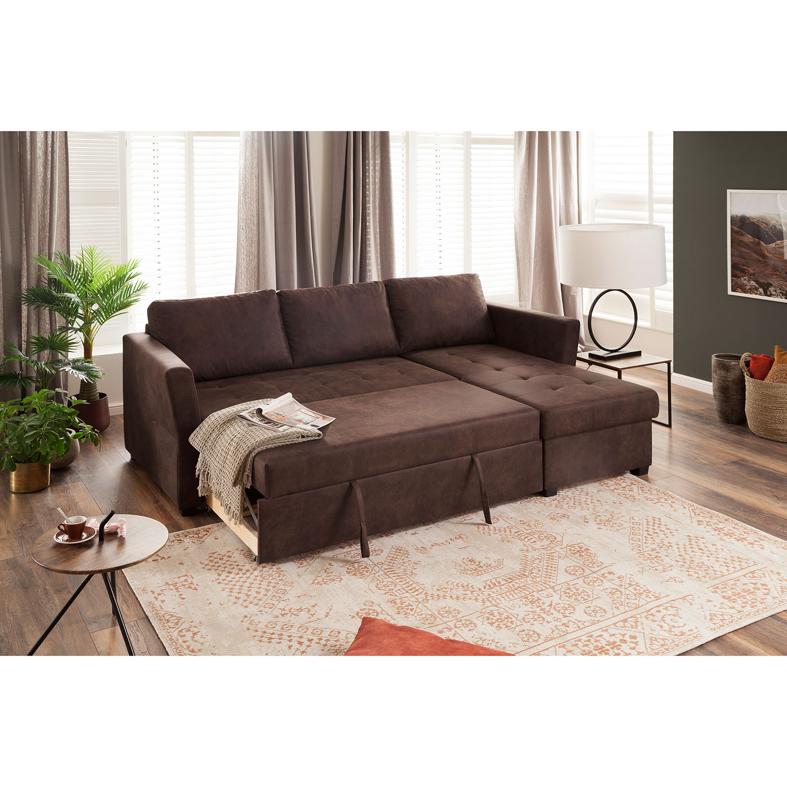 Ecksofa - brown - Microfaser - Liegefunktion