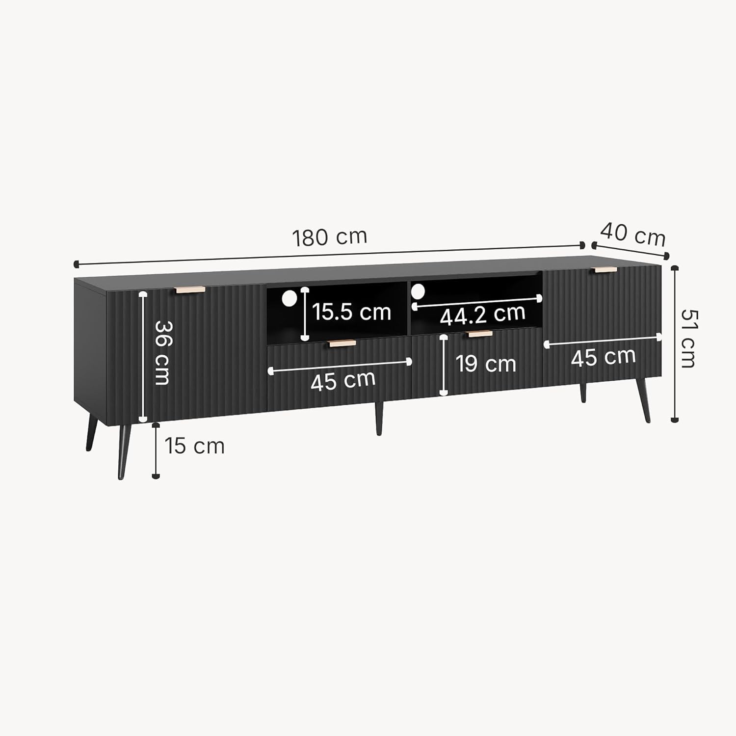 [en.casa] TV Schrank Nand Lowboard mit 2 Türen geriffelt Fernsehschrank mit 2 Schubladen 180 x 40 x 51 cm Sideboard Kommode Fernsehtisch Schwarz