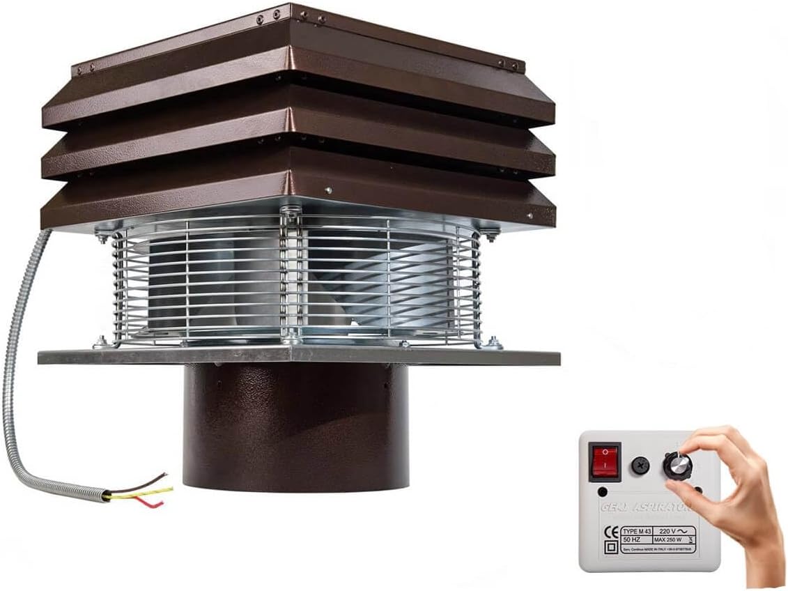 Gemi Elettronica Rauchsauger für Runden Kamin 250 mm mit 6-Stufigem Regler, Absaugung 3800 m³/h, Klasse H Motor
