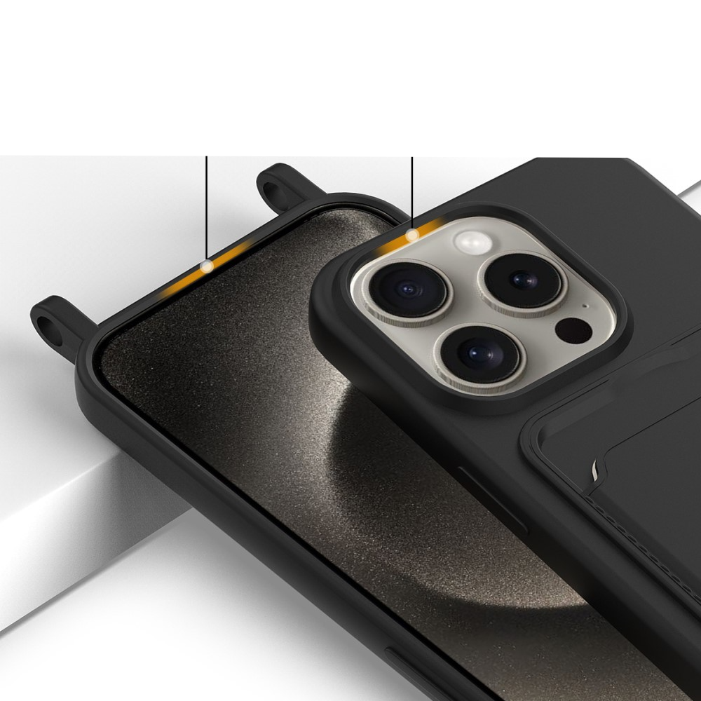 iPhone 16 Pro Necklace Silikon Hülle mit Kartenfach   Handykette (160cm) - Schwarz