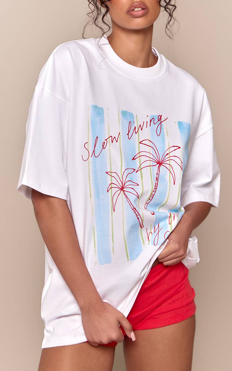 Blanc T-shirt Oversize En Coton Épais Avec Motif Palmier