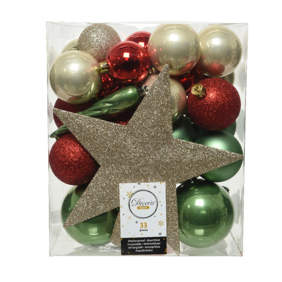 Decoris kerstballen - 34-dlg - champagne/rood/groen - kunststof