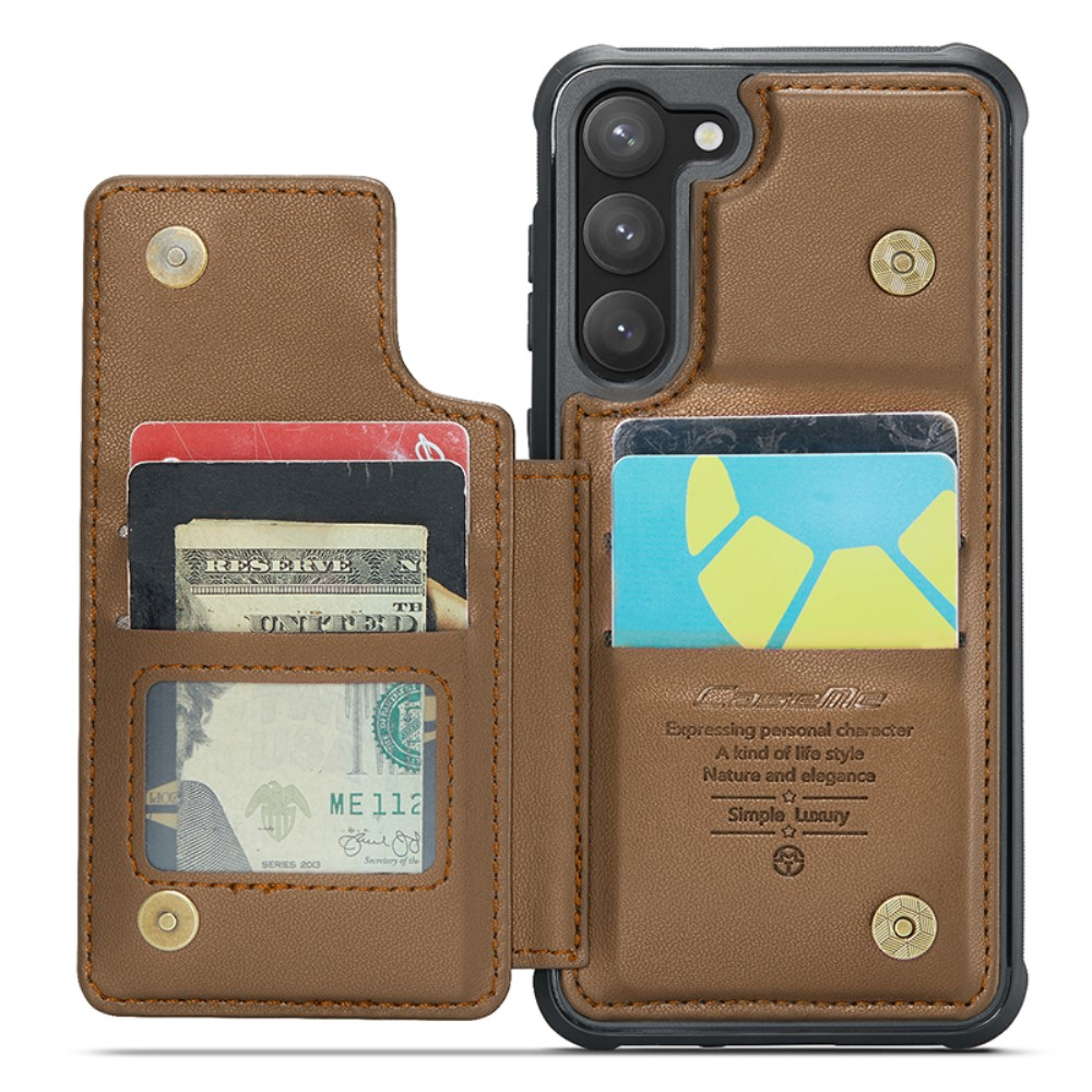 Samsung Galaxy S23 5G Leder Hülle mit Kartenfächern im Litchi Look   Kickstand (RFID Schutz) - Braun