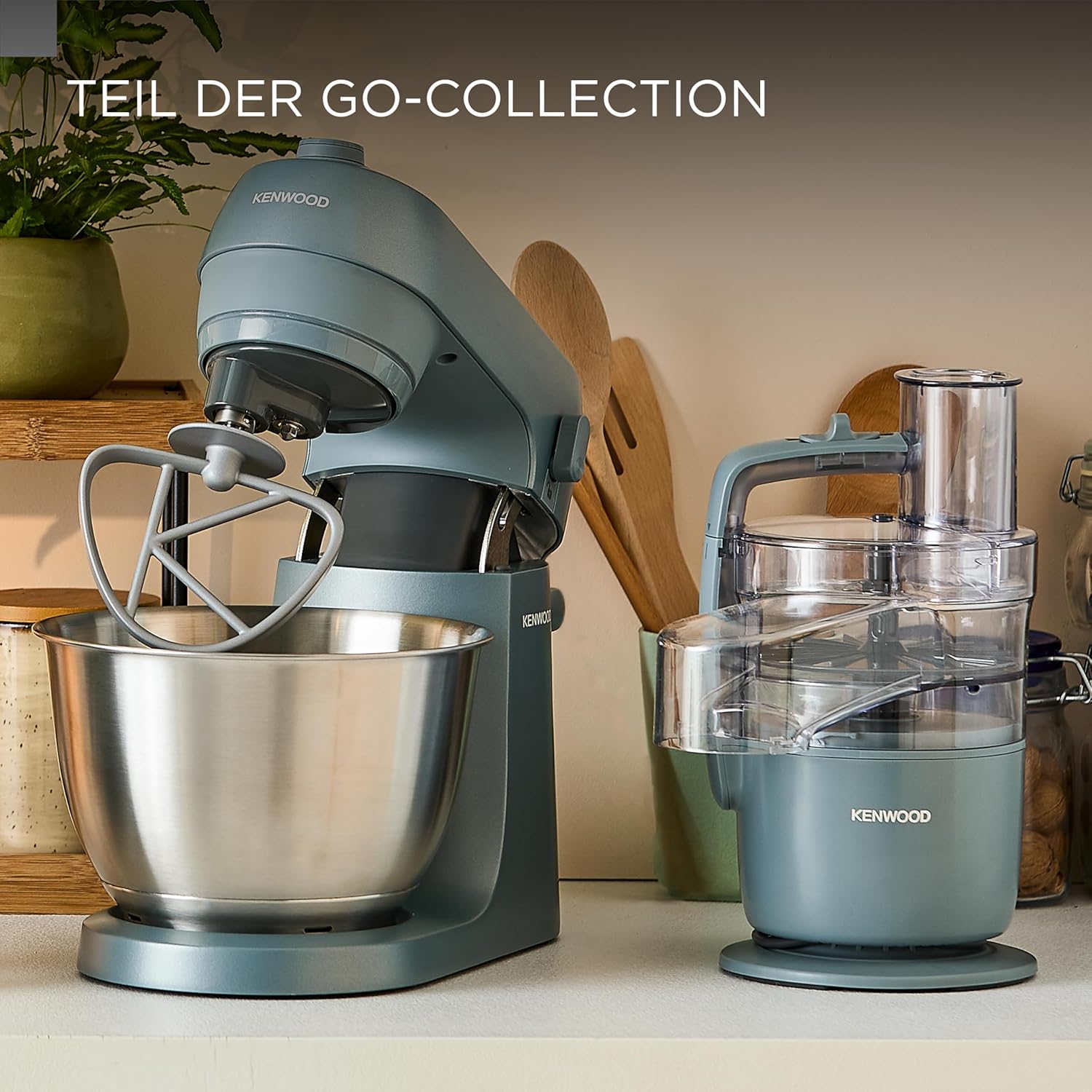 Kenwood Go Küchenmaschine KZM35.000GY, platzsparend, inkl. 4-Liter-Schüssel, K-Haken, Ballonschneebesen, Knethaken, Spritzschutz & Messlöffel, Metallgehäuse mit Tragegriff, 800W, Blau
