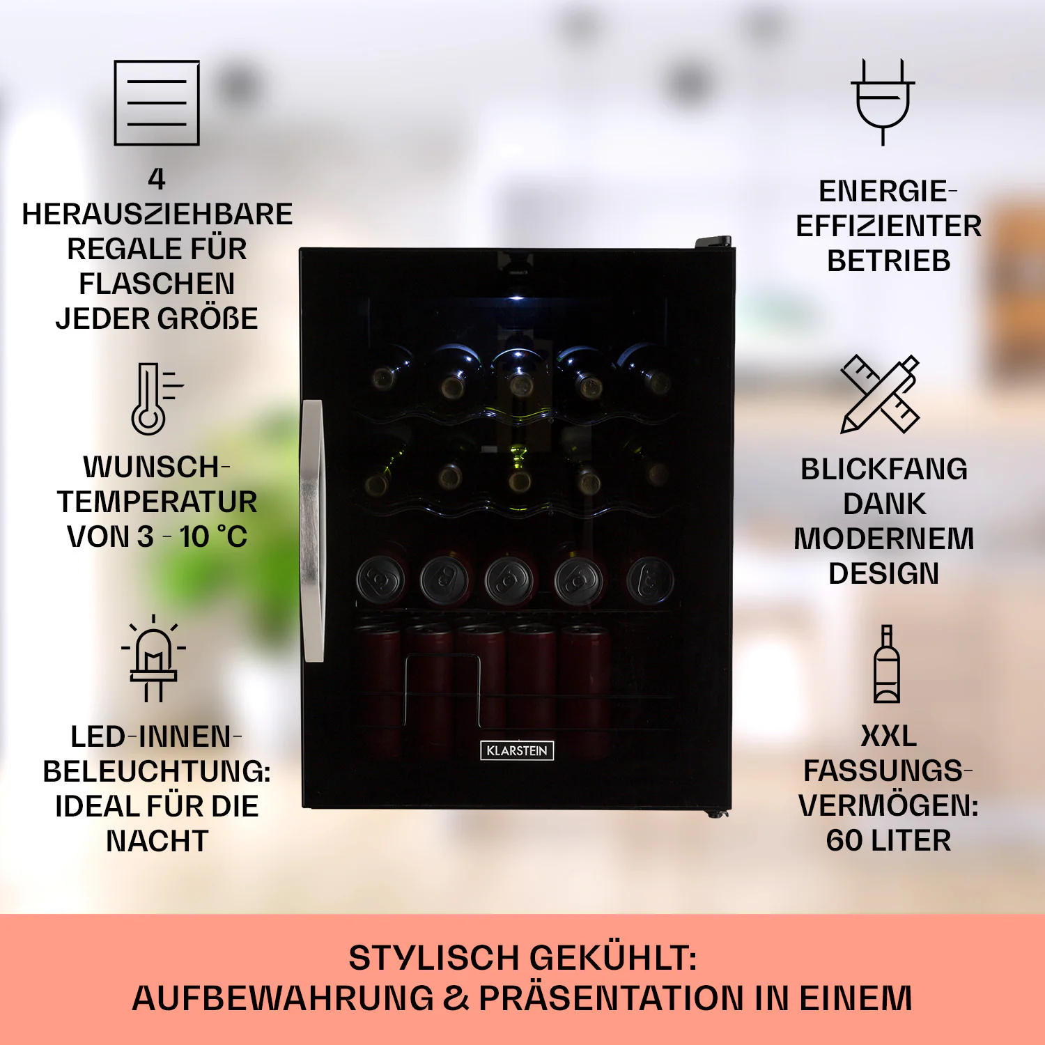 Beersafe XL Onyx Kühlschrank 60 Liter 4 Böden Panoramaglastür 60 Liter