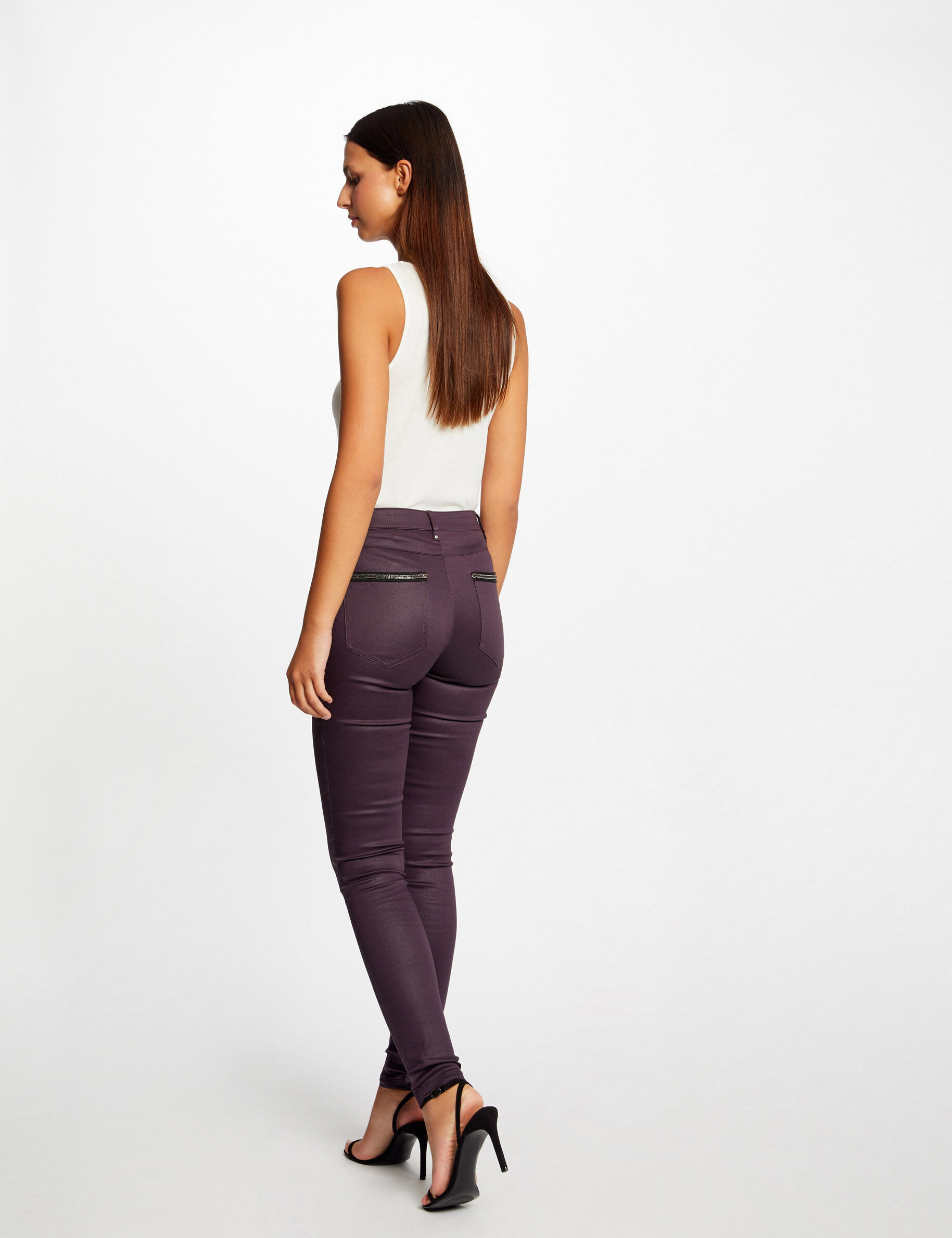 Pantalon skinny enduit à détails bijoux prune femme - prune