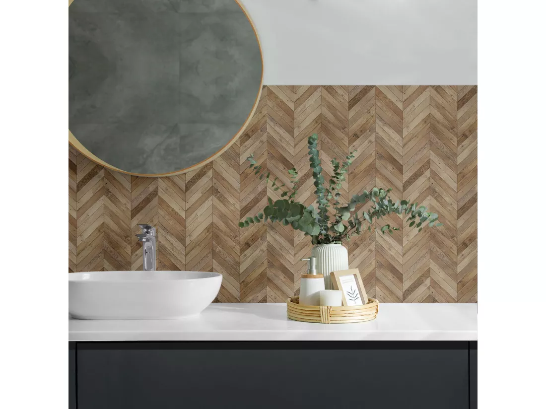 Carreaux autocollants PVC, Carrelage PVC adhésif - 9x30x30 - Motif à chevrons en bois