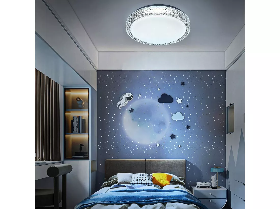 NETTLIFE Plafonnier LEDavec télécommande à intensité variable 18W, diamètre 30cm, ciel étoilé en cristal moderne, adapté pour chambre à coucher, salon