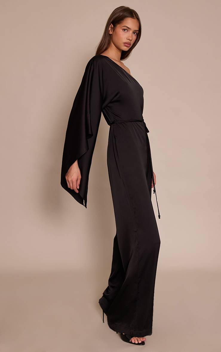 Noir Combinaison Satinée Fluide Asymétrique À Une Épaule Avec Ceinture Nouée
