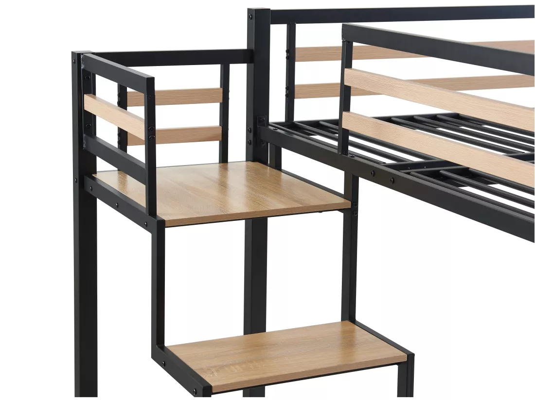 Lit mezzanine 140 x 200 cm - Métal et MDF - Noir et naturel + Matelas - JOGUI