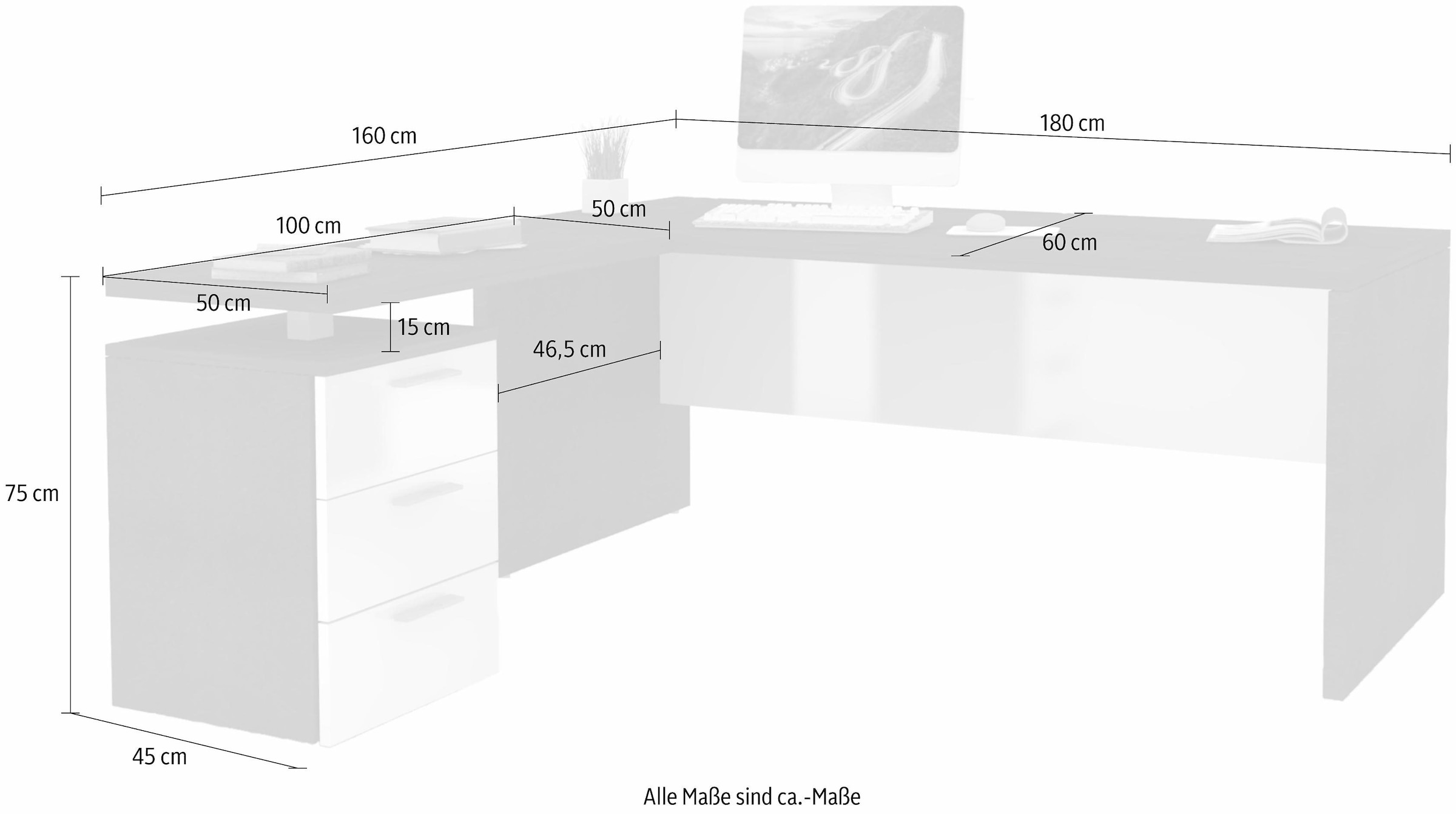 INOSIGN Eckschreibtisch »New Selina« Schreibtisch, Schubkästen, mit oder ohne Monitoraufsatz, B 180/160 cm