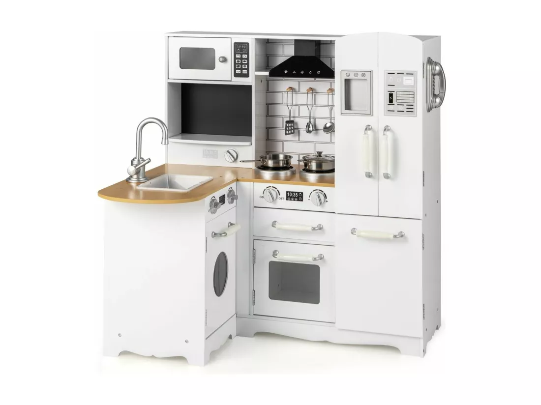Cuisine d’Angle Enfants avec Réfrigérateur Latéral, Cuisinière de Jeu en Bois avec Machine à Laver, Téléphone Simulé, Ustensiles de Cuisine, Jouet d’Imitation pour Tout-Petits de 3 Ans+