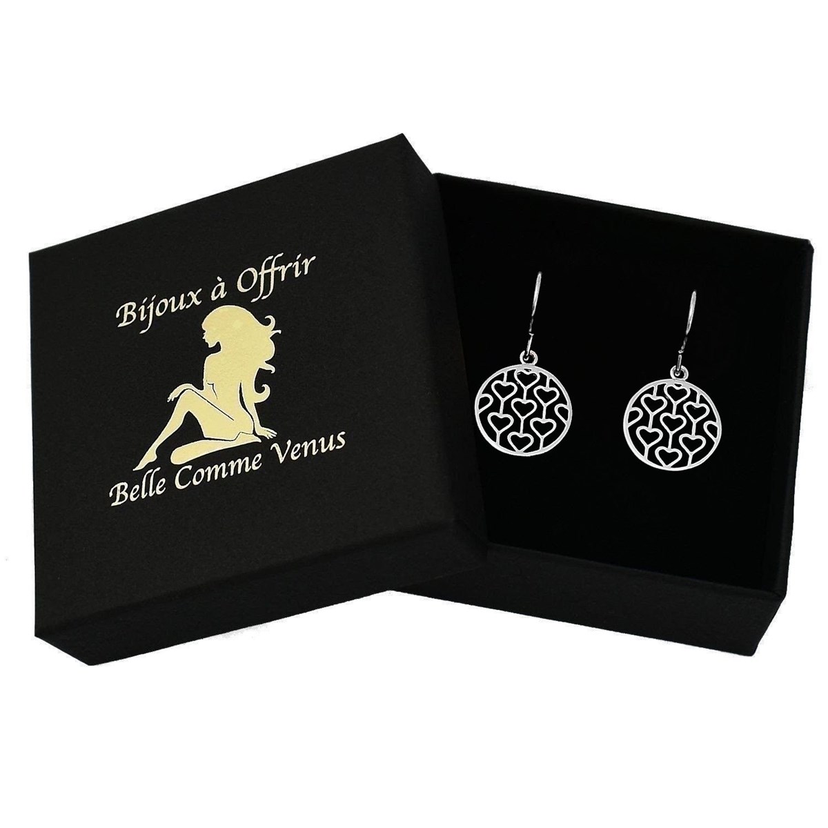 Boucles d'oreilles cercle de coeurs pendants Argent 925 Rhodié