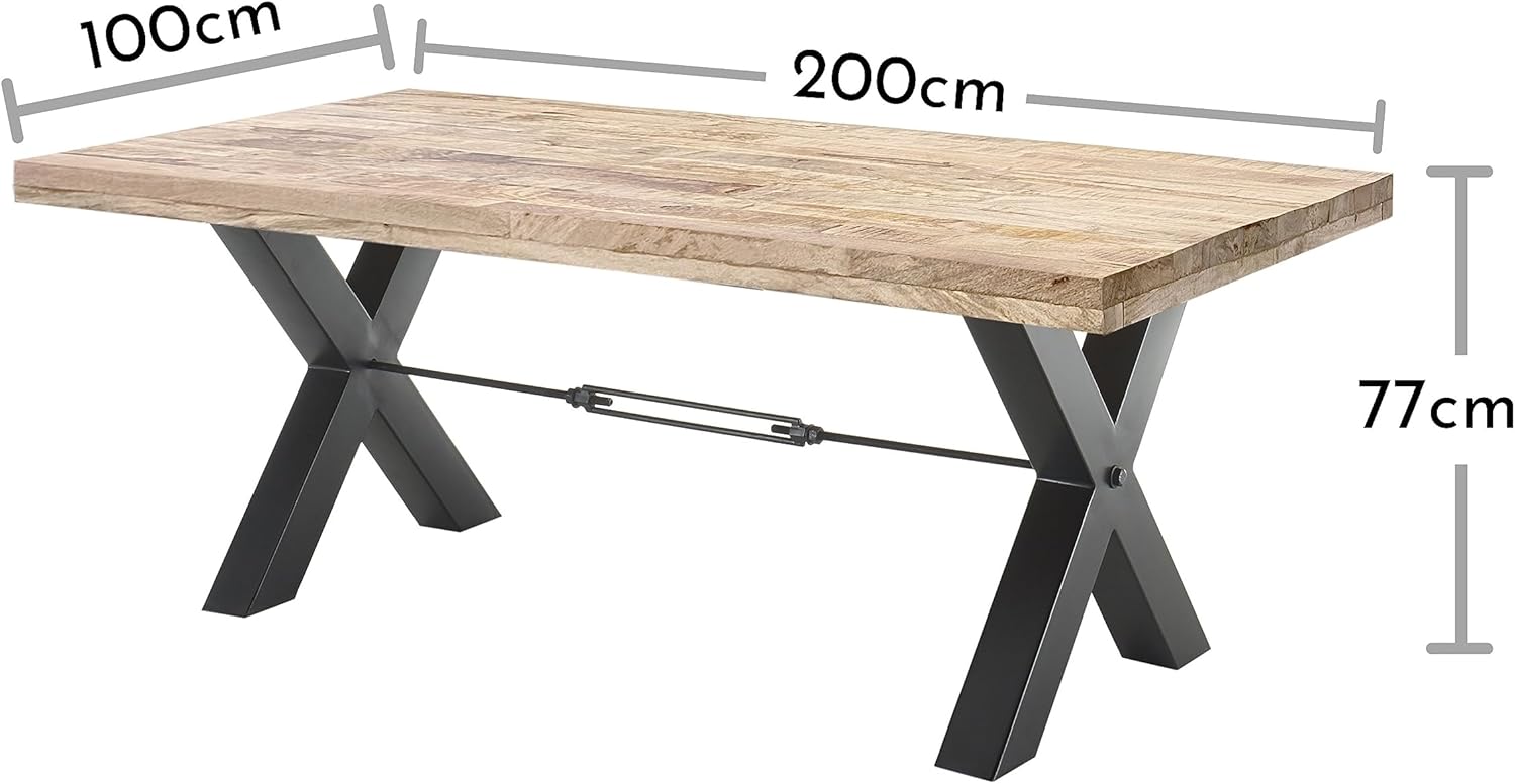 DEHLI Esstisch Massivholz Mango - Hochwertiger Esszimmertisch mit X-förmigem Metallgestell für Ihr Esszimmer - 200 x 77 x 100 cm (B/H/T)