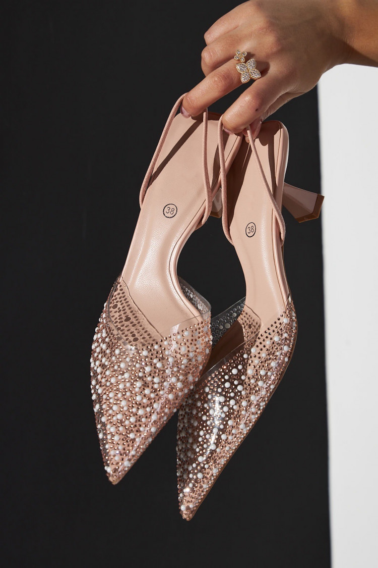 Escarpins à talons beige à perles