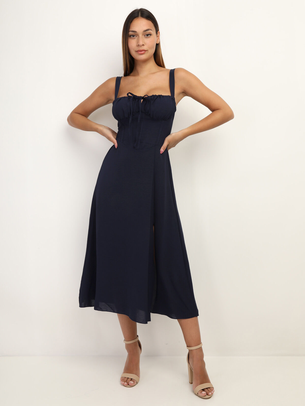 Robe corset mi-longue à fente- Bleu marine