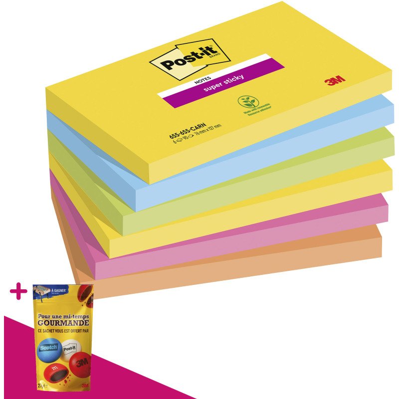 Notes repositionnables couleurs Carnival Super Sticky Post-it - bloc de 90 feuilles = Pour l'achat 12 notes repositionnables, 1 sachet de M&M OFFERT