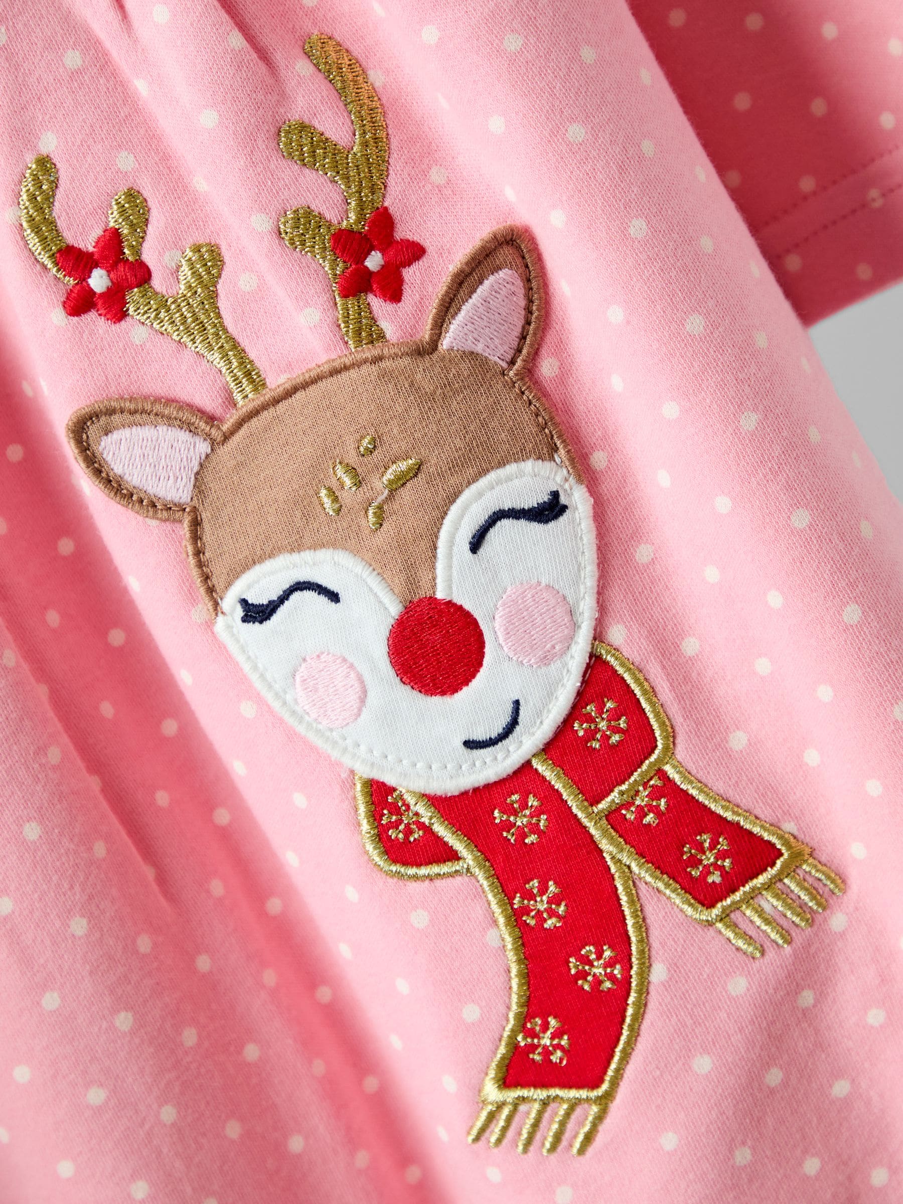Rose Pink Reindeer - JoJo Maman Bébé Kerstmis jurk met schouderruches en appliqué