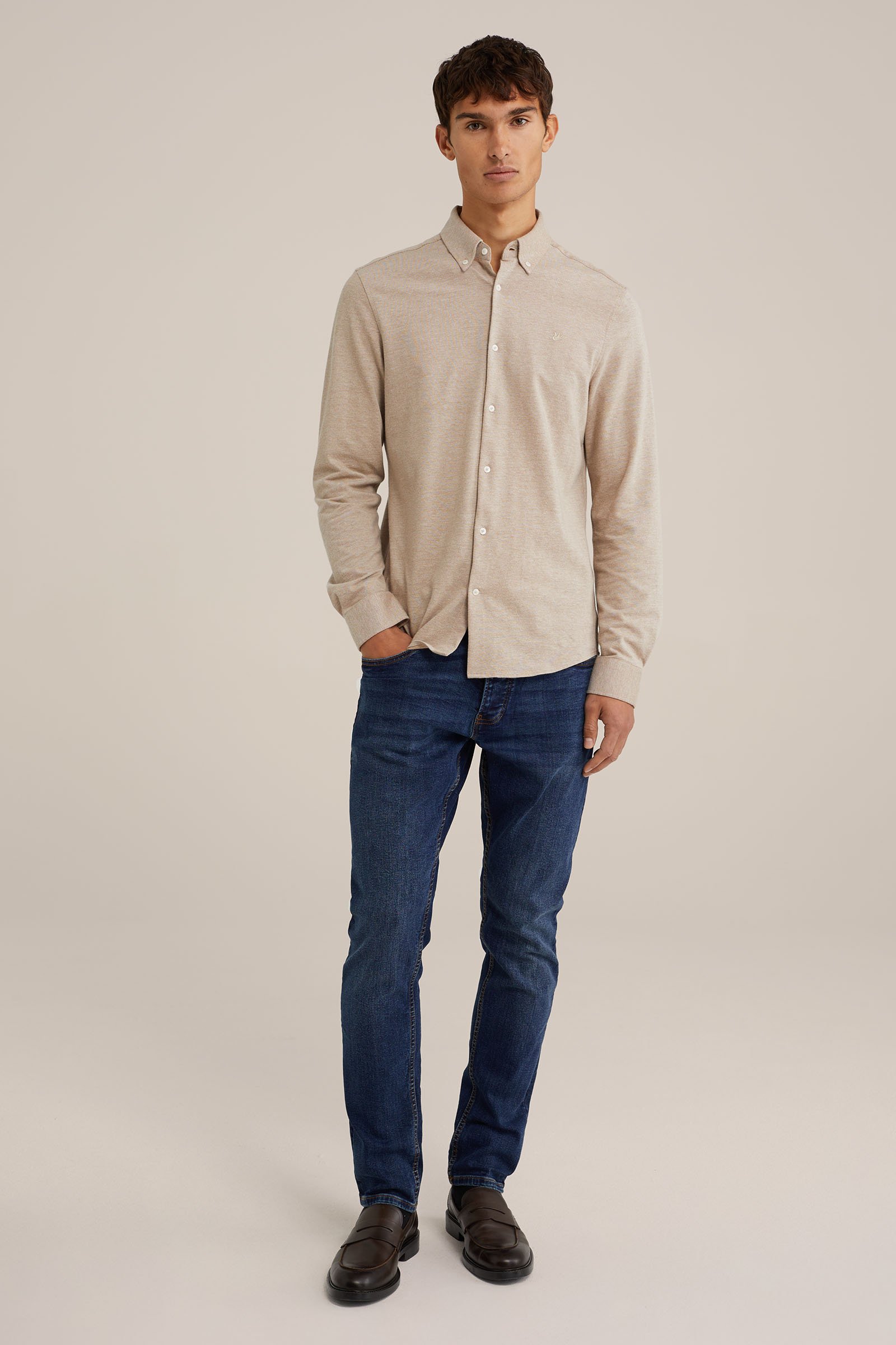 piquéjersey overhemd met stretch Fundamentals Beige