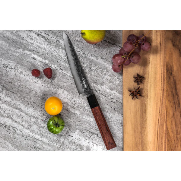 Couteau Sayuto Sequoia San Mai modèle universel 15cm brute de forge Sa
