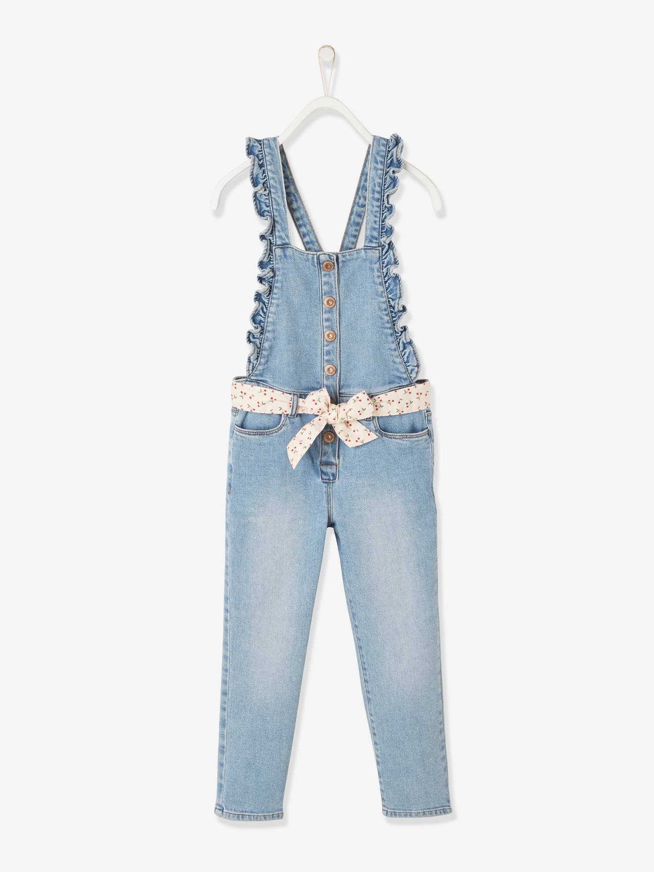 Jardineira jeans com suspensórios franzidos, para meninas, lavagem azul clara