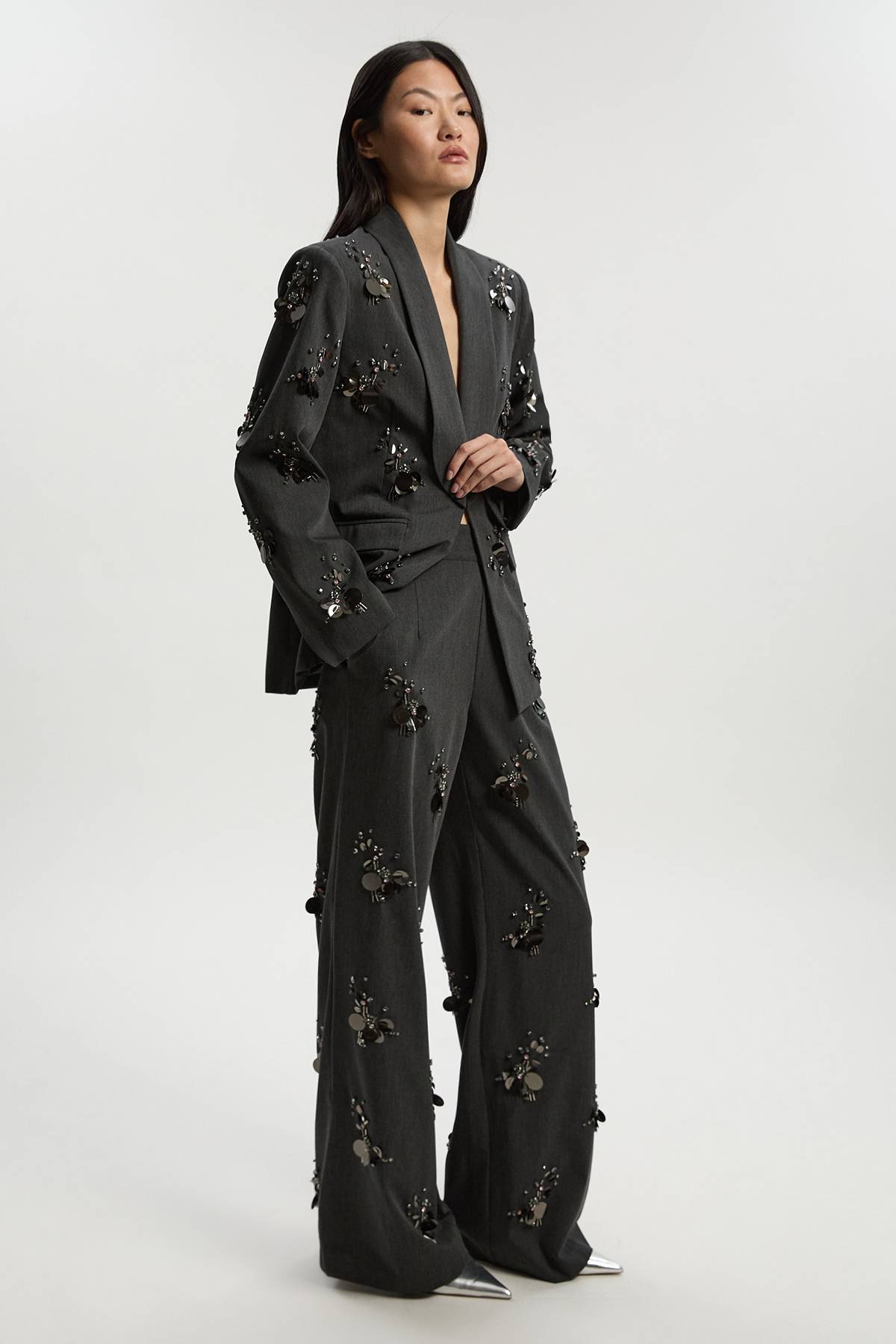 KarenMillen Blazer Cintré Simple Boutonnage Orné de Sequins et Cristaux en Grappes