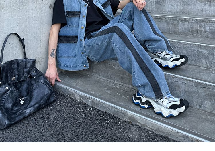 Naideth - Hoge taille, tweekleurige wijde pijpen jeans / vest met knoopjes / set