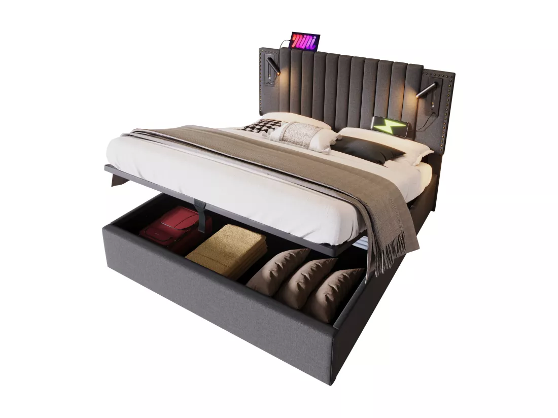 Lit coffre 180x200cm en tissu de cotton - avec lampes de lecture et Ports de charge USB - avec sommier à lattes - Gris