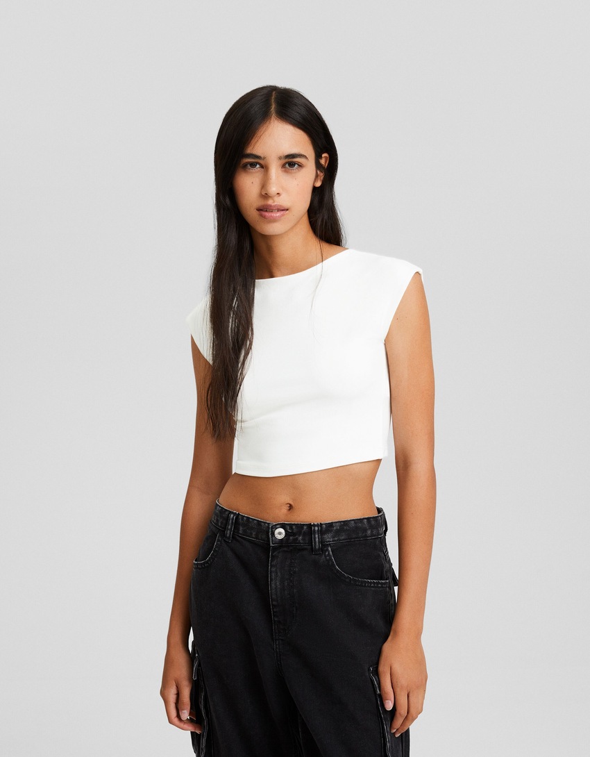 Camiseta de manga curta com costas abertas em mistura de nylon