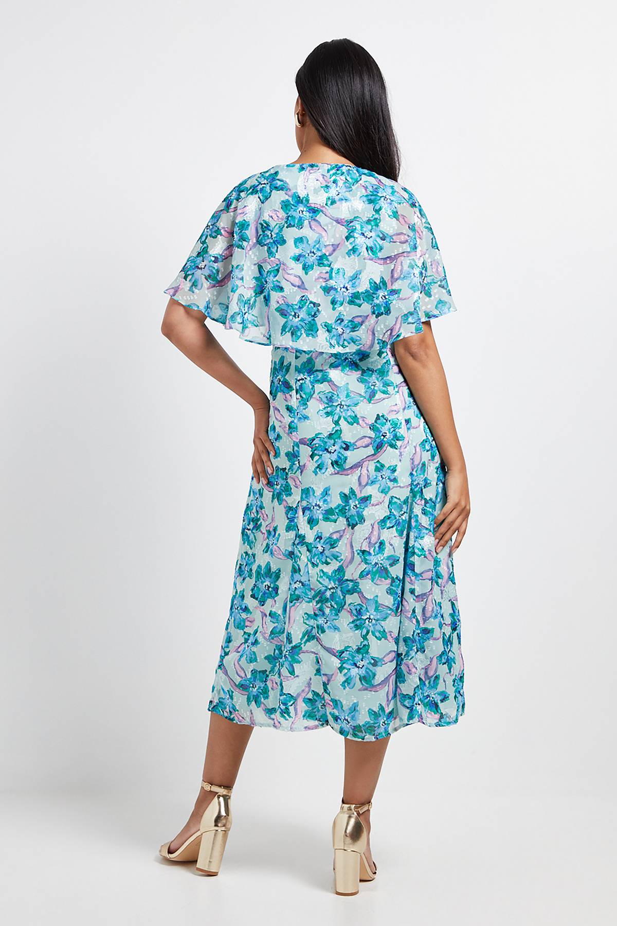 Wallis Robe Midi Petite à Manches Cape et Motif Floral Dévoré