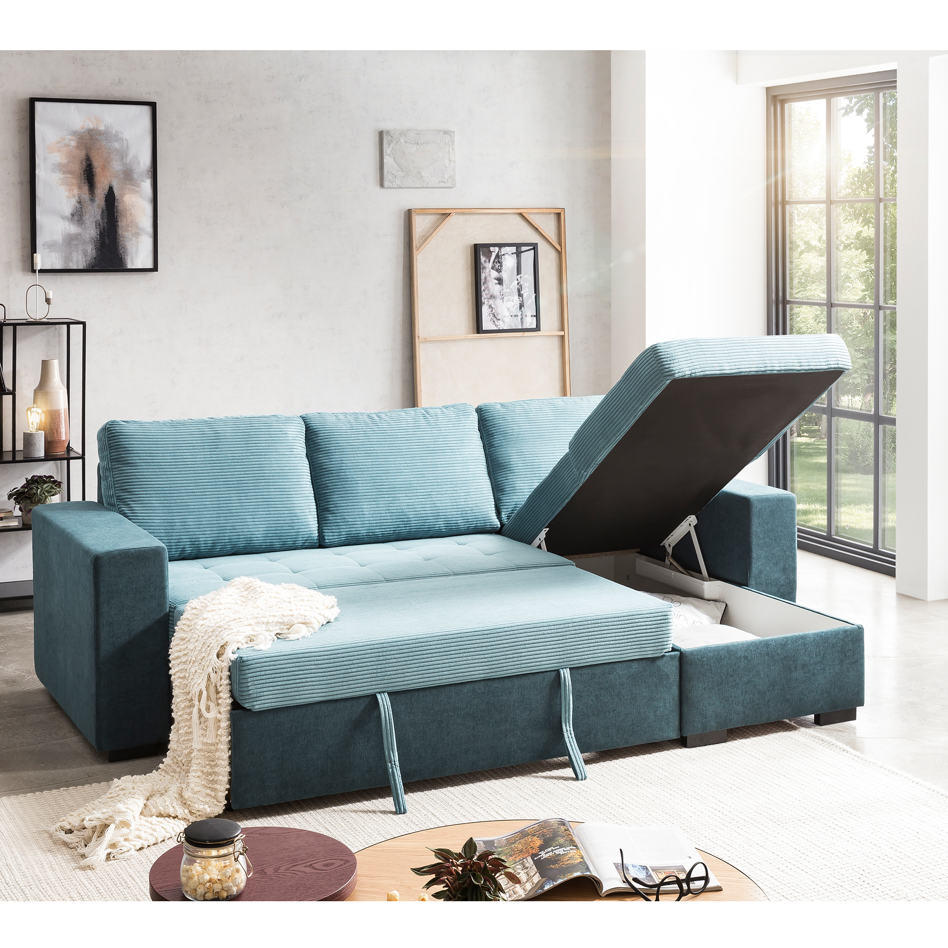 Ecksofa - lagoon-teal - Cord - mit Liegefunktion und Staukasten