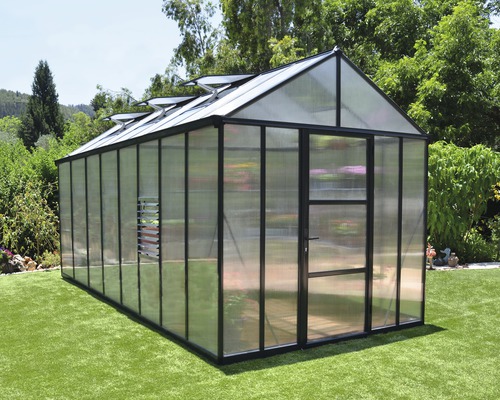 Palram Kas – Canopia Glory 8x16 Dubbelwandige Polycarbonaat Panelen 10 mm incl. Fundering, Goten, Automatische Raamopener 244,5 x 483,5 cm Grijs