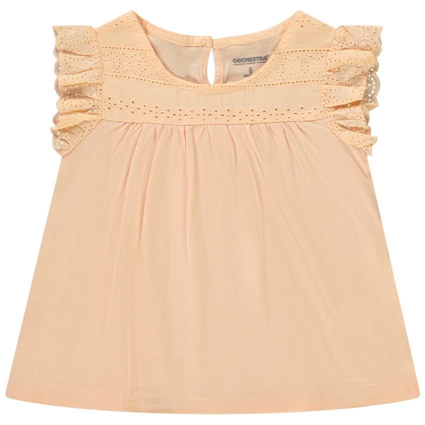 T-shirt manches courtes avec broderie anglaise pour fille - Corail