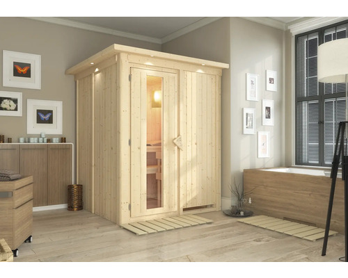 Plug & Play Sauna Karibu Achat I zonder kachel, met dakrand en houten deur met isolatieglas, thermisch geïsoleerd