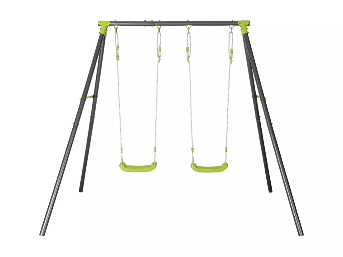 Portique balançoire double en métal BISE. 2 places. noir et vert. acier. L 217 x P 153 x H 195 cm